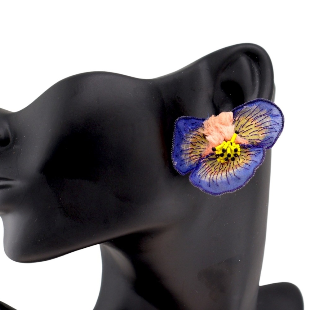 Mignonne Gavigan Pansy Stud Earrings Blue Peach Floral Embroidered